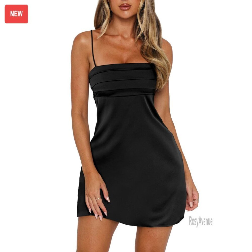 Satin Spaghetti Strap Mini Dress Smock Back Square Neck Party